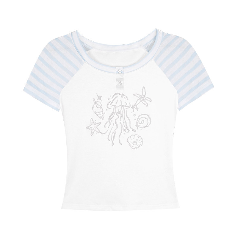 SagiDolls少女斗志*不败的夏天 蓝白条纹拼接插肩袖海洋风印花T恤