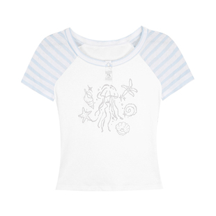 SagiDolls少女斗志*不败的夏天 蓝白条纹拼接插肩袖海洋风印花T恤