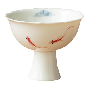 白瓷手绘小鱼高脚主人杯单杯女功夫茶具茶杯单个品茗杯男陶瓷对杯