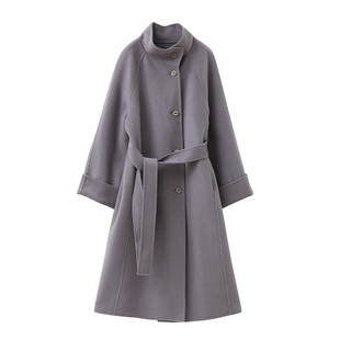 popchrio◆80支立领双面呢羊毛呢子大衣廓形长款红色加厚外套女冬