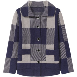 秋冬新款外套女士格子高档正品羊毛开衫秋季单衣外衣妈妈装显年轻