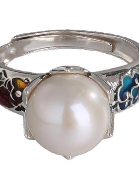 中国风烧蓝锦鲤祥云戒指女款国潮复古做旧珐琅工艺活口可调节指环