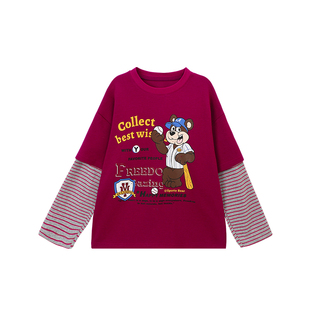 布丁哈鲁童装秋装女童假两件上衣2026春秋新款儿童美式撞色T恤