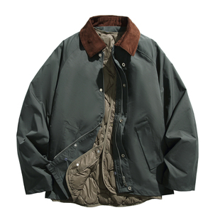 军绿色工装羽绒服两件套冬季女拼接领翻领巴恩风复古猎装夹克外套