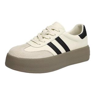 红蜻蜓复古风德训鞋冬季女鞋撞色厚底休闲鞋条纹运动板鞋