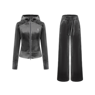【限时直降】安欧兔运动丝绒套装女连帽外套阔腿裤老钱风健身服