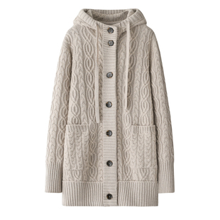 秋冬新100%纯山羊绒衫女4股加厚带帽中长款开衫毛衣外套针织大衣