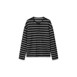 复古撞色条纹亨利领长袖T恤 软糯针织感 杂花肌理 廓形男款上衣