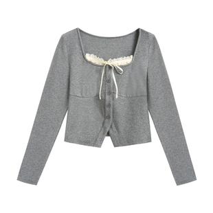 紫涵短款针织衫T恤女秋季新款假两件修身收腰显瘦方领长袖上衣