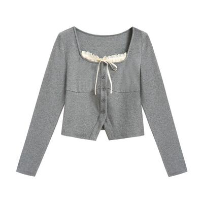 紫涵短款针织衫T恤女秋季新款假两件修身收腰显瘦方领长袖上衣