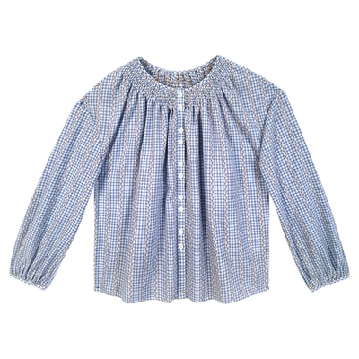 Bruland甜美蓝白格灯笼袖衬衫女