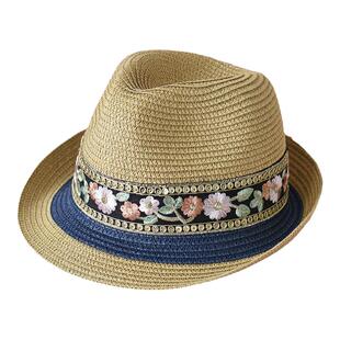 巴拿马草帽女士刺绣花夏季民族风礼帽时尚休闲爵士帽出游遮阳帽子
