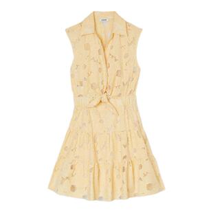 SANDRO Outlets春夏女装法式优雅浅黄色雏菊镂空刺绣衬衫领连衣裙