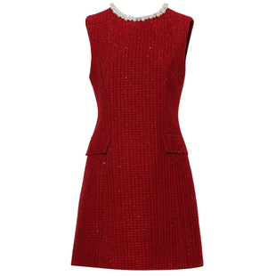 DPLAY2025年秋季小香风红色粗花呢连衣裙套装回门服收腰连衣裙女