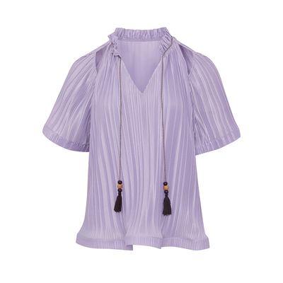 紫葡萄百褶波浪短袖上衣