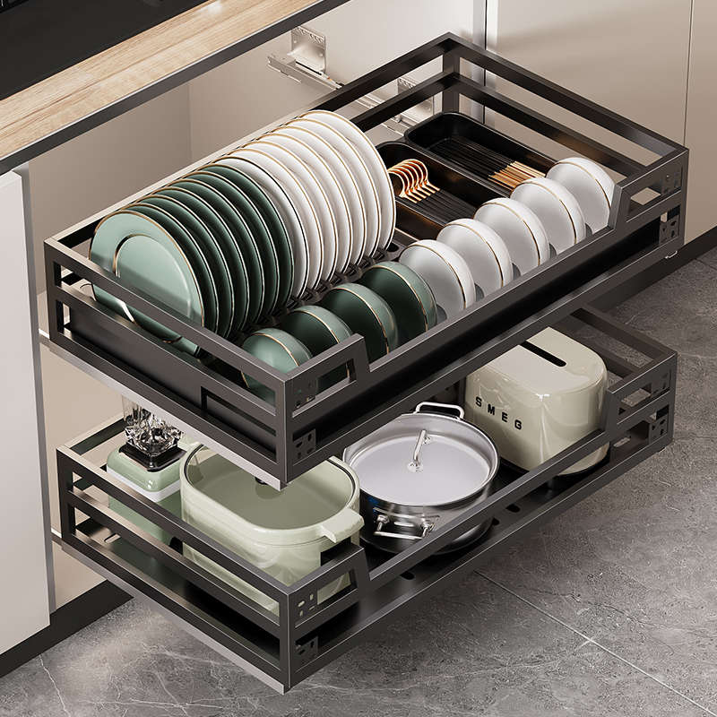 拉篮厨房橱柜304不锈钢双层抽屉式碗架调味篮厨柜内置收纳碗碟篮