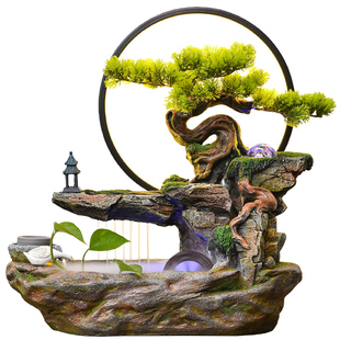 高山流水循环水喷泉客厅水车风水轮招财桌面山水生财假山水景摆件