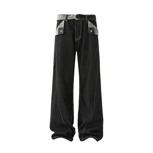 潮流腰带复古格纹撞色拼接美式设计感弯刀阔腿高街牛仔裤秋冬男女