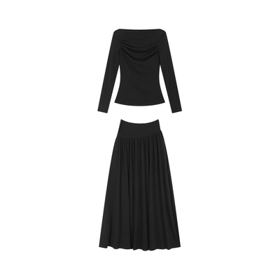 姜雯设计感褶皱斜肩针织套装女