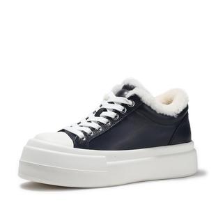 BellaLily年冬款保暖加绒厚底鞋女休闲板鞋简约牛皮平底鞋潮