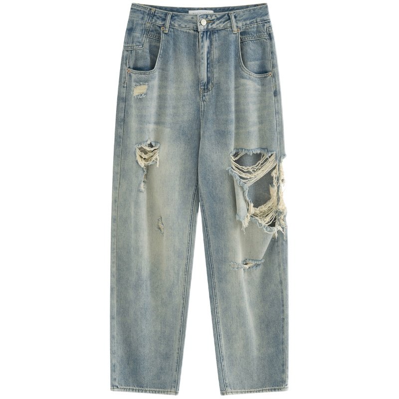 MOERSHOP  Grunge式风潮 破洞牛仔裤女春新款高腰宽松休闲哈伦裤