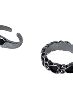 暗黑复古爱心戒指黑色嘻哈情侣戒开口戒ins简约欧美朋克小众指环