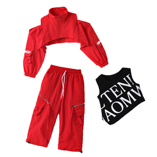 六一爵士舞女童潮酷时髦走秀女团舞蹈演出服少儿JAZZ红色裤子套装