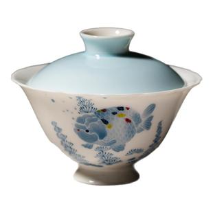 里作景德镇青花手绘胖头鱼二才花口盖碗高颜值粉彩泡茶碗功夫茶具