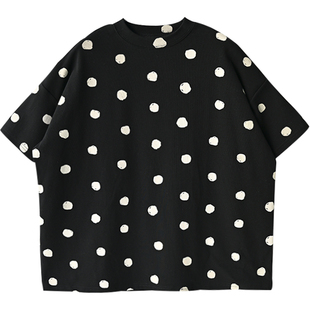 T16520 复古波点文艺休闲宽松圆领加绒厚款短袖T恤女秋冬米兰宣言