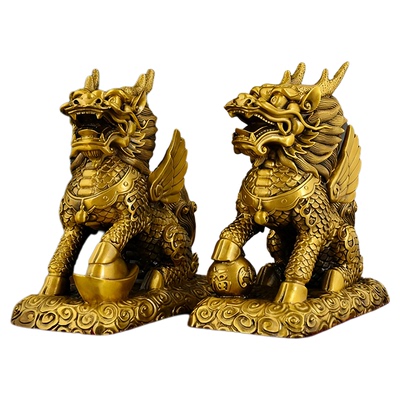 纯黄铜麒麟摆件公母一对镇宅招财财富麒麟办公室客厅乔迁装饰品