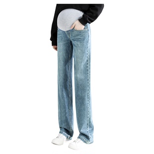 孕妇牛仔裤秋季外穿托腹宽松直筒大码秋冬加绒加厚加长拖地阔腿裤
