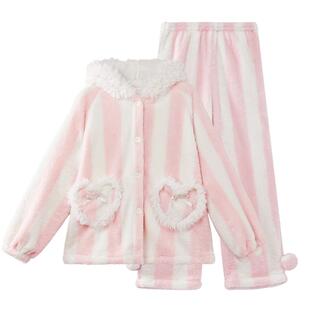 yso【礼物系列】睡衣女秋冬珊瑚绒套装可爱兔子加绒加厚家居服D