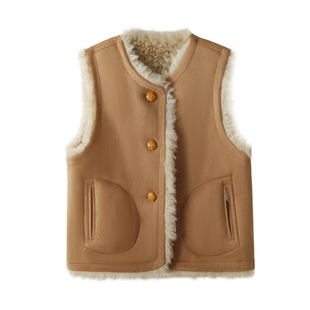 咖色皮毛一体羊羔毛马甲外套女冬装双面穿加厚宽松百搭麂皮绒马夹