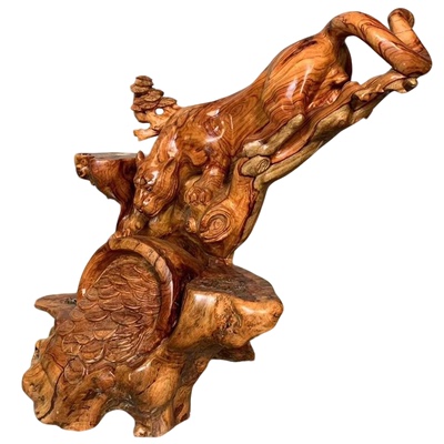 香樟木根雕豹子花架实木树根雕花