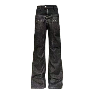 DETW 26SS*堆叠感拉满定制黑原牛双腰绑带抽绳外露拉链铆钉牛仔裤