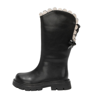 舞玛女童鞋子儿童长筒靴2025新款冬季小女孩高筒蝴蝶结加绒二棉靴