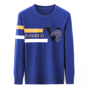 正品意大利长袖羊毛衫男春秋中年条纹提花内搭打底衫针织薄款毛衣