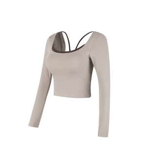 秋冬瑜伽服长袖套装女带胸垫美背显瘦运动上衣外穿普拉提健身训练