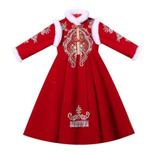 女童汉服冬季连衣裙儿童秋冬裙子2025新款拜年服宝宝过年喜庆衣服