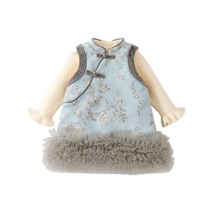 新中式风女童加绒加厚新款背心裙套装冬季女宝拼纱旗袍两件套