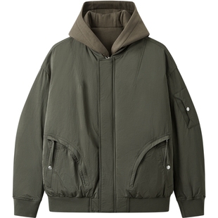 gxg.jeans男装 黑色假两件口袋设计短款连帽羽绒服外套男25冬新品