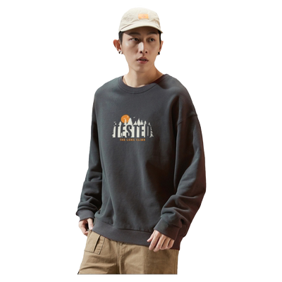 唐狮2025秋冬季新款圆领卫衣男士加绒长袖灰色青少年美式无帽潮DF