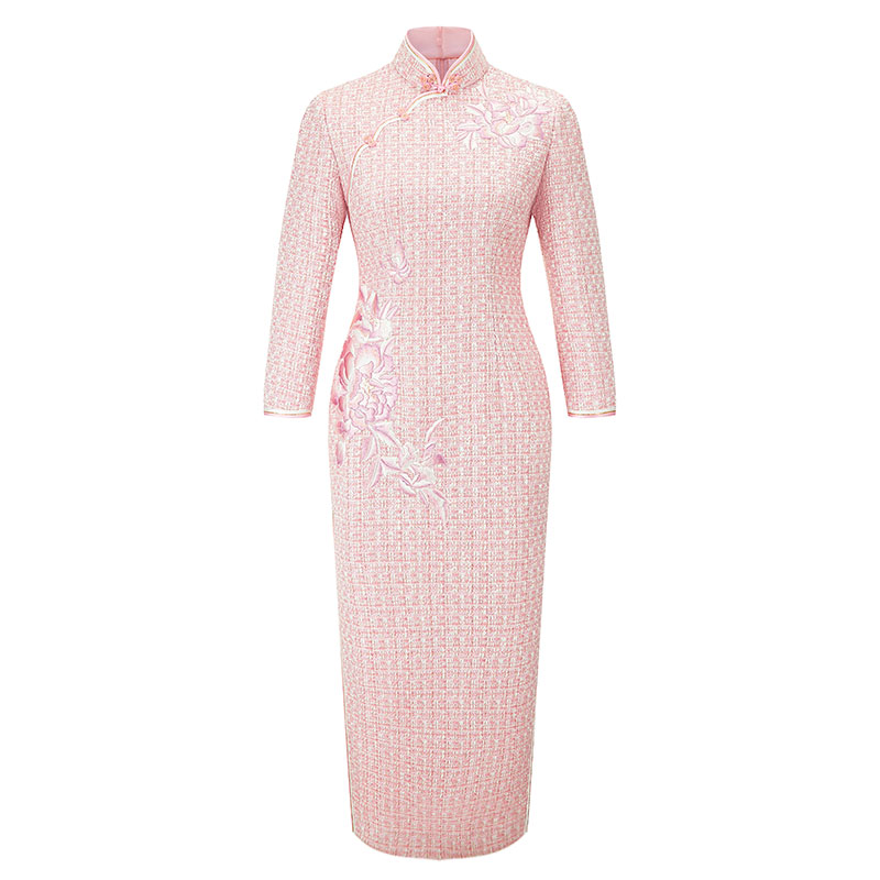 毛呢秋冬优雅唯美浅粉减龄重工手推绣晚宴老上海复古中长款旗袍