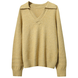 Amii都市感宽松V翻领套头毛衣女秋冬2025新款纯色落肩袖针织上衣