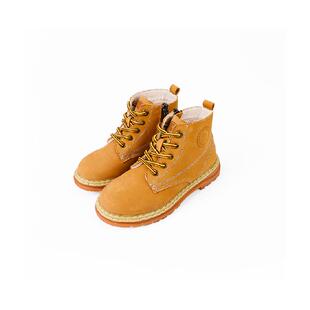 泰兰尼斯冬季新款男童鞋儿童加绒真皮中大童短靴子复古软底马丁靴