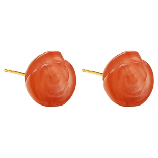 天然南红玛瑙瓦西料柿子红玫瑰花耳钉女18K金精雕精致女人味耳饰