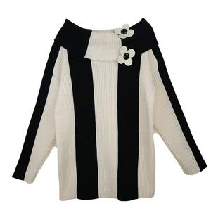 ISTYNI星奢买手店设计师条纹翻领露肩毛衣中长款一字肩针织上衣女