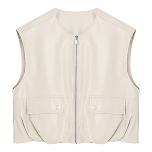 Basic House/百家好酷飒风圆领宽松马甲背心女冬黑色拉链夹克外套