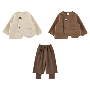 幼悠男童2025冬季新款双面呢羊毛大衣外套保暖假两件阔腿裤套装潮