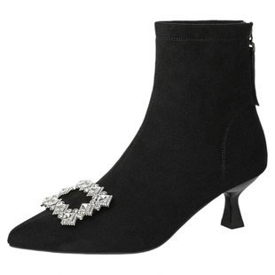 15mins水钻方扣细跟短靴女2025新款冬季加绒高跟鞋尖头显瘦时装靴